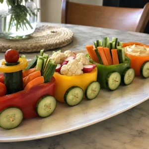 Petit train de légumes avec wagons en poivron et roues en concombre
