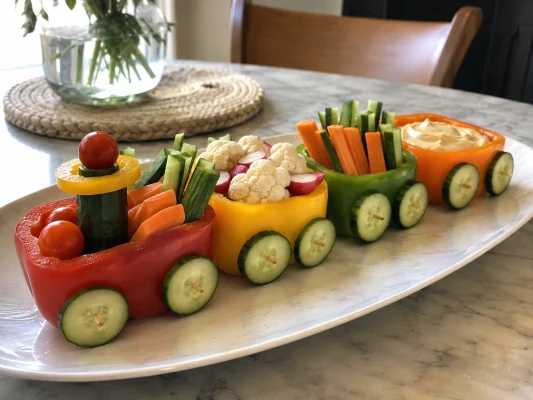 Petit train de légumes avec wagons en poivron et roues en concombre