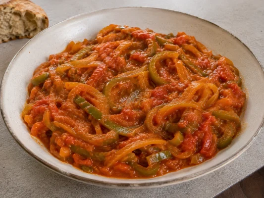 Piperade basque servie dans une assiette avec tomates, oignons et piments doux