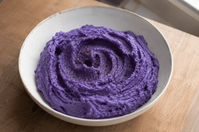 Purée de vitelotte crémeuse et violette, légèrement assaisonnée de muscade râpée