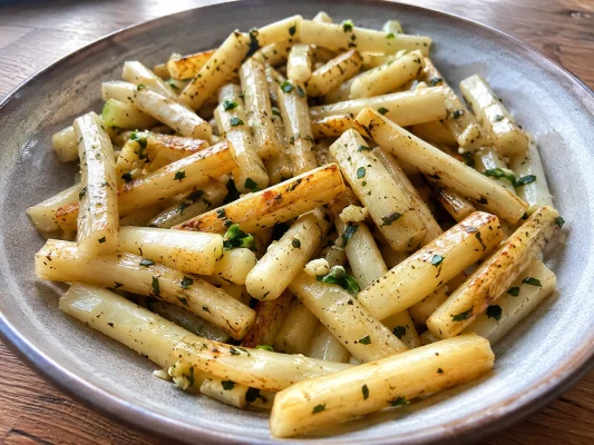 Salsifis au beurre dorés à la poêle avec ail et persil